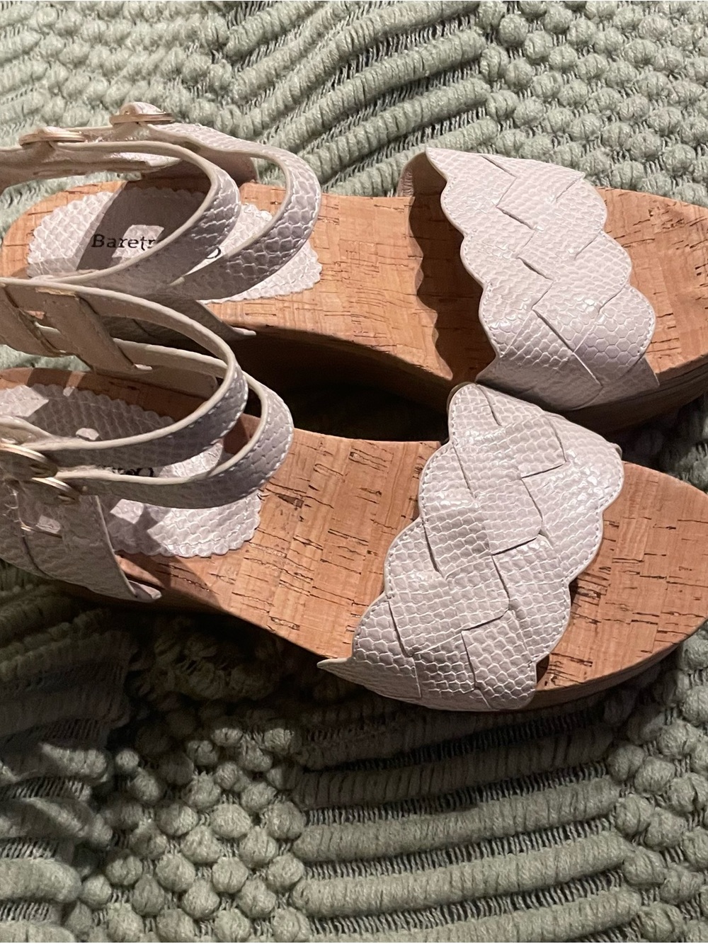 Baretraps Melyssa White/Off White Braided Cork Wedge Sandals with Ankle Straps